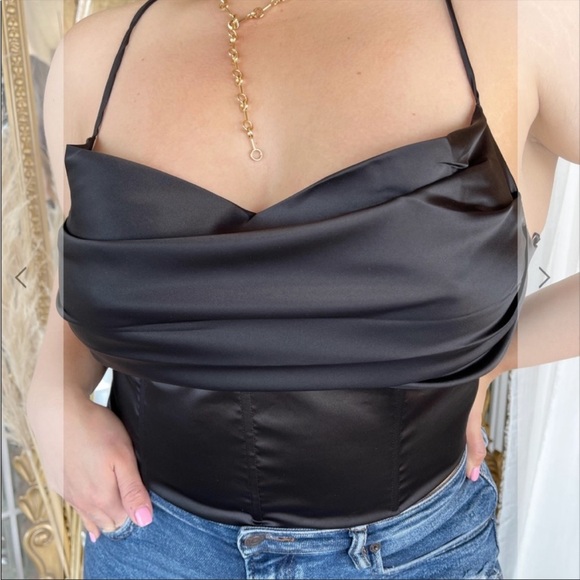 New Black Bustier Style Satin Crop Top with CrissCross adjustable straps NWOT - Picture 4 of 8